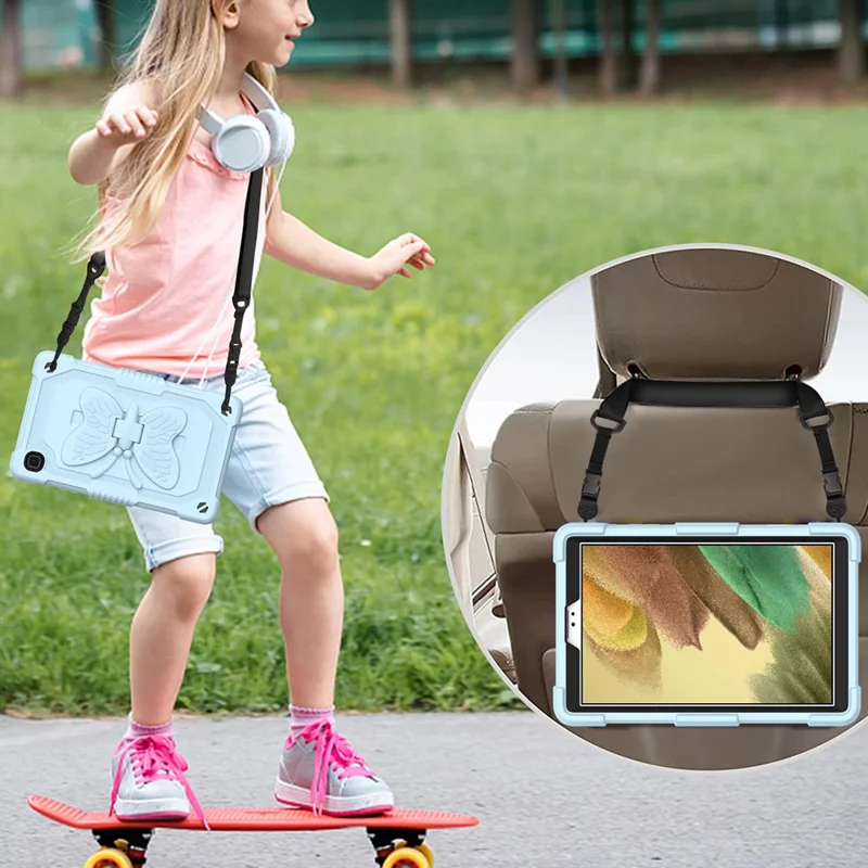 Butterfly Shape Kickstand Solid Color PC + Silicone Tablet Case Protective Shell with Shoulder Strap for Samsung Galaxy Tab A7 Lite 8.7-inch - Blue