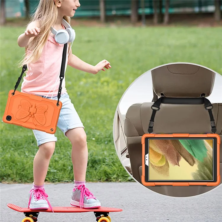 Schmetterlingsform Kickstand Festkörperpc + Silikon Tablette Hülle Schutzhülle Mit Schultergurt Für Samsung Galaxy Tab A7 Lite 8,7 Zoll - Orange