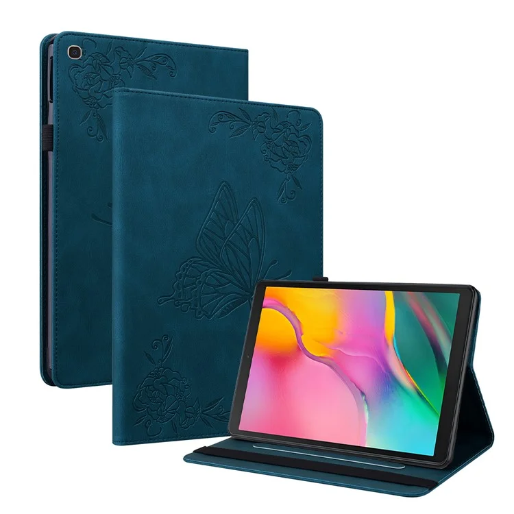 Custodia per tablet con motivo a farfalle e fiori stampato, in pelle PU antiurto, con supporto, alloggiamenti per schede e cover per Samsung Galaxy Tab A 10.1 (2019) T510 T515 - Blu