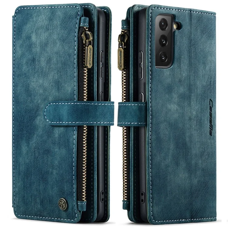 CASEME C30 Funda de cartera con cremallera, resistente a los golpes, de piel de poliuretano para Samsung Galaxy S21 4G/5G - Azul
