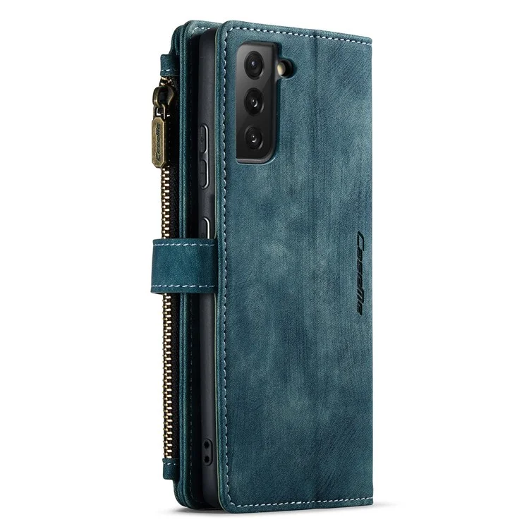 CASEME C30 Funda de cartera con cremallera, resistente a los golpes, de piel de poliuretano para Samsung Galaxy S21 4G/5G - Azul
