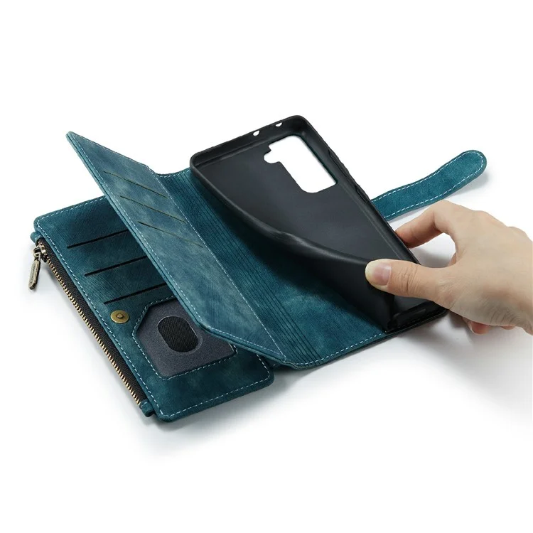 CASEME C30 Funda de cartera con cremallera, resistente a los golpes, de piel de poliuretano para Samsung Galaxy S21 4G/5G - Azul
