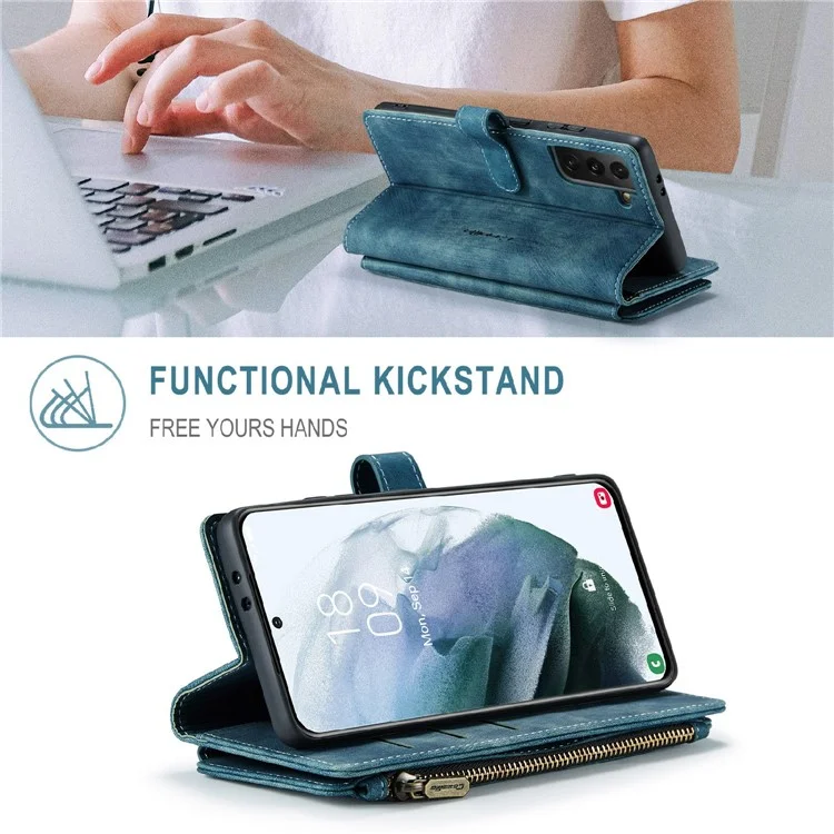 CASEME C30 Funda de cartera con cremallera, resistente a los golpes, de piel de poliuretano para Samsung Galaxy S21 4G/5G - Azul