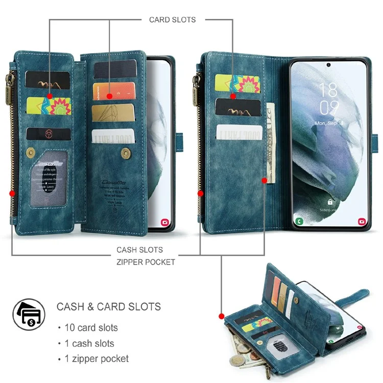 CASEME C30 Funda de cartera con cremallera, resistente a los golpes, de piel de poliuretano para Samsung Galaxy S21 4G/5G - Azul