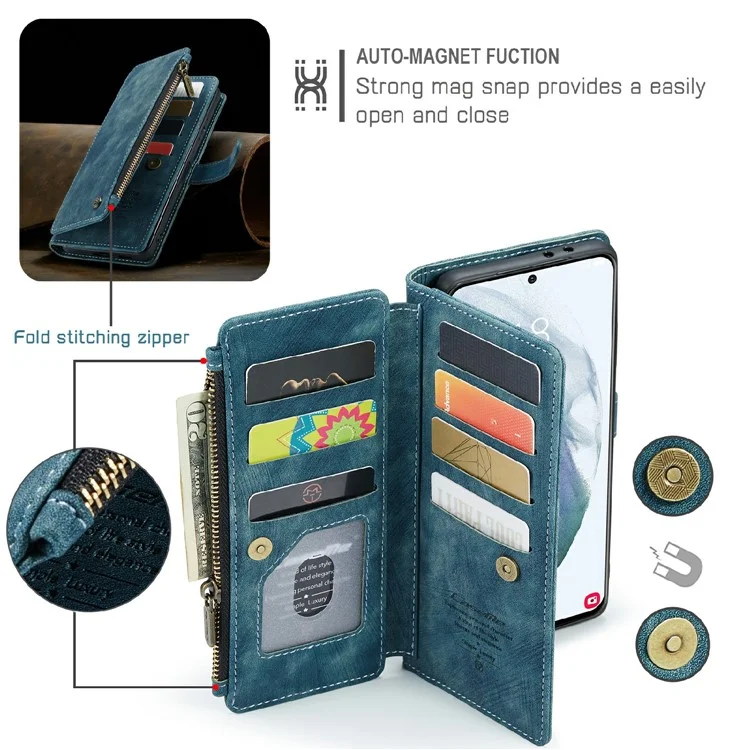 CASEME C30 Funda de cartera con cremallera, resistente a los golpes, de piel de poliuretano para Samsung Galaxy S21 4G/5G - Azul
