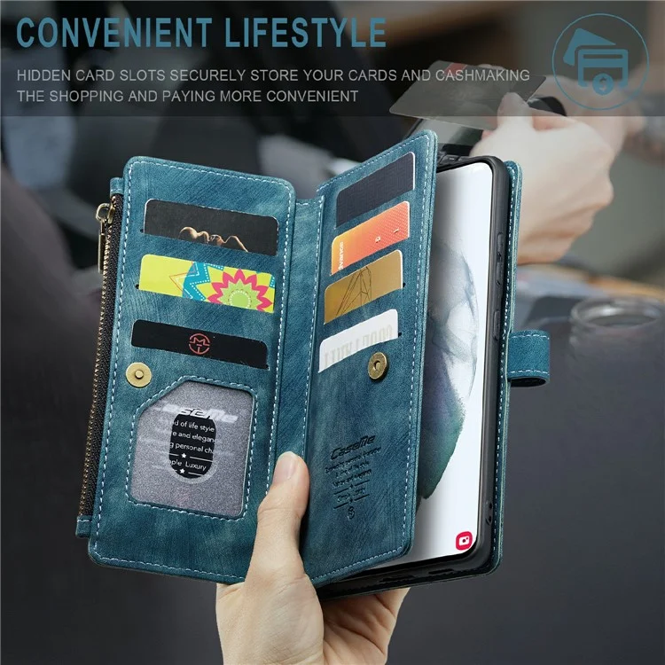 CASEME C30 Funda de cartera con cremallera, resistente a los golpes, de piel de poliuretano para Samsung Galaxy S21 4G/5G - Azul