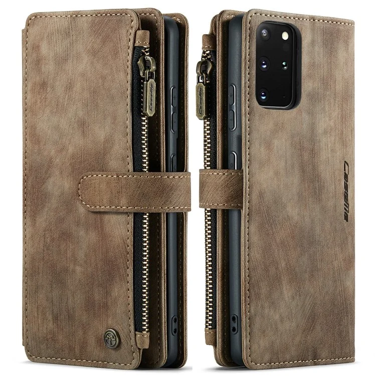 CASEME C30 Série Zipper Pocket Pocket Choff Black-in Slots de 10 Cartões TPU PU Causão Capela Capa Pele de Proteção Tape Para Samsung Galaxy S20 Plus - Castanho