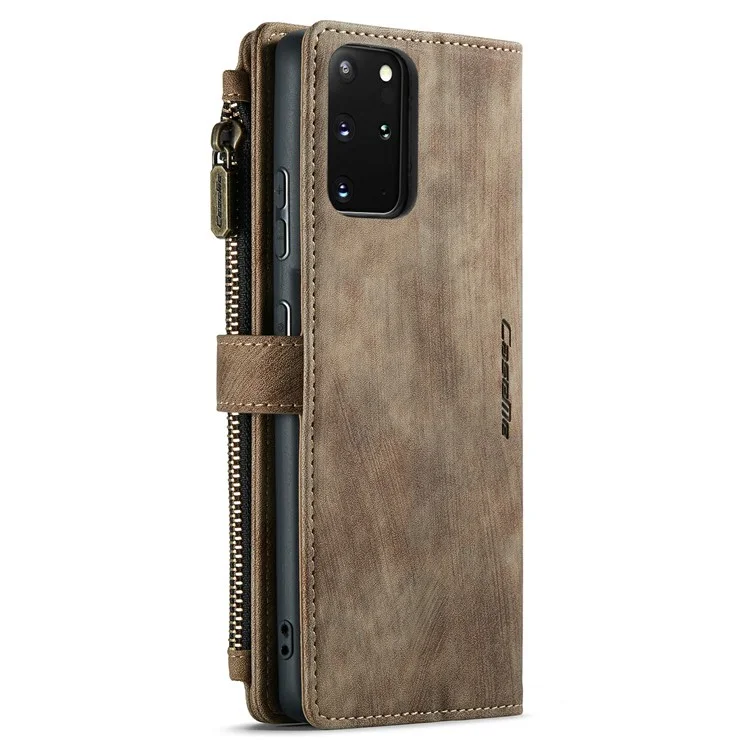 CASEME C30 Série Zipper Pocket Pocket Choff Black-in Slots de 10 Cartões TPU PU Causão Capela Capa Pele de Proteção Tape Para Samsung Galaxy S20 Plus - Castanho