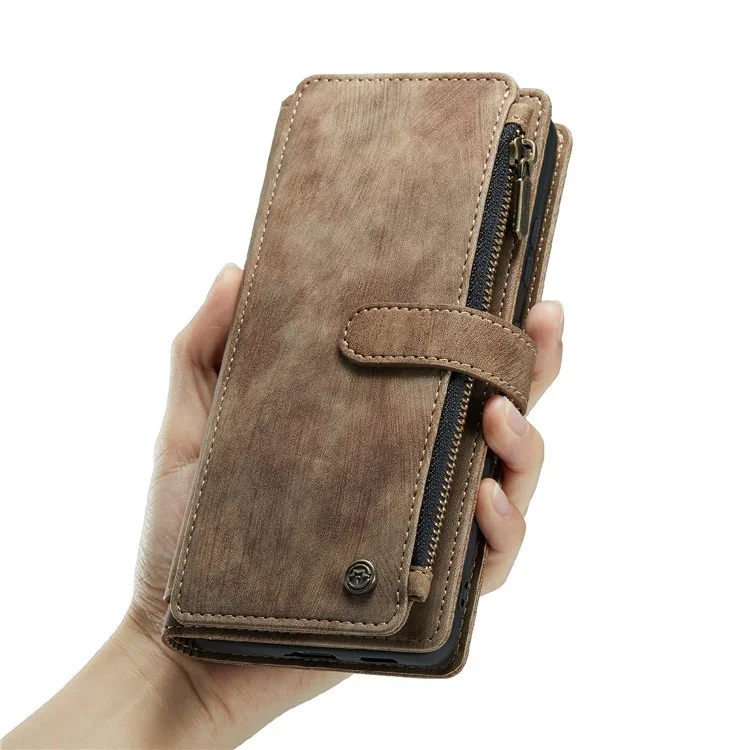 CASEME C30 Série Zipper Pocket Pocket Choff Black-in Slots de 10 Cartões TPU PU Causão Capela Capa Pele de Proteção Tape Para Samsung Galaxy S20 Plus - Castanho