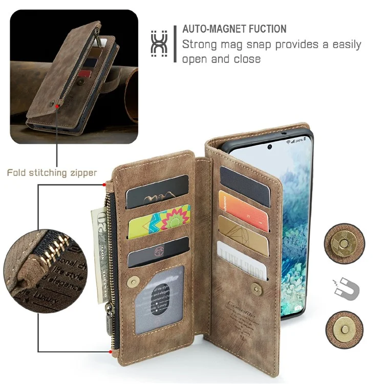 CASEME C30 Série Zipper Pocket Pocket Choff Black-in Slots de 10 Cartões TPU PU Causão Capela Capa Pele de Proteção Tape Para Samsung Galaxy S20 Plus - Castanho