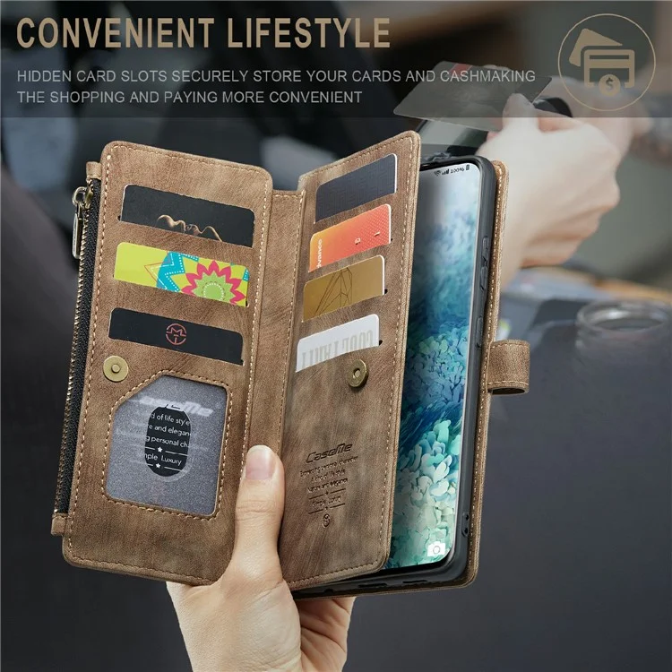 CASEME C30 Série Zipper Pocket Pocket Choff Black-in Slots de 10 Cartões TPU PU Causão Capela Capa Pele de Proteção Tape Para Samsung Galaxy S20 Plus - Castanho