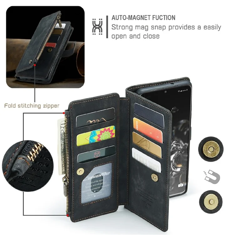 For Samsung Galaxy S20 Ultra S21 Ultra 5G Phone Cases with Strap CASEME C30 Zipper Multiple Card Holder PU Leather Cover - Black