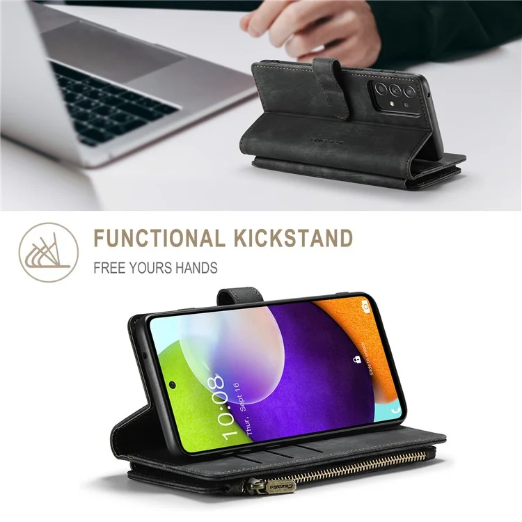 CASEME C30 Serie Funda de Billetera de Cuero de PU a Prueba de Golpes con 10 Ranuras para Tarjetas y Bolsillo con Cremallera para Samsung Galaxy A52s 5G/A52 4G/5G - Negro 