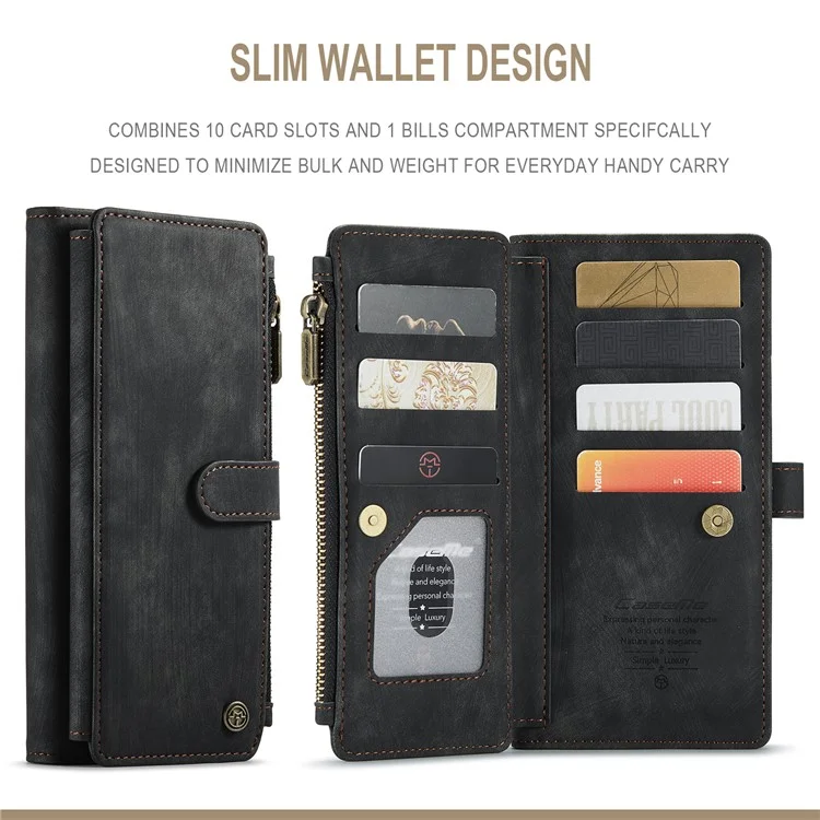 CASEME C30 Serie Funda de Billetera de Cuero de PU a Prueba de Golpes con 10 Ranuras para Tarjetas y Bolsillo con Cremallera para Samsung Galaxy A52s 5G/A52 4G/5G - Negro 