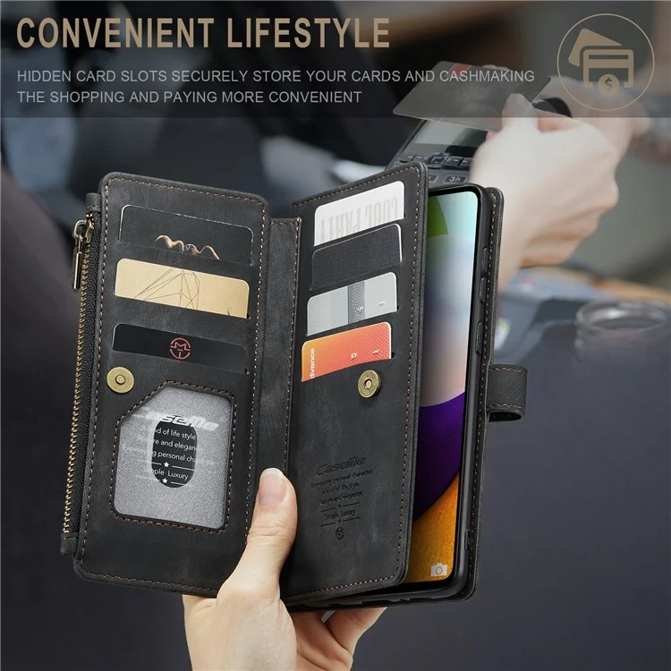 CASEME C30 Serie Funda de Billetera de Cuero de PU a Prueba de Golpes con 10 Ranuras para Tarjetas y Bolsillo con Cremallera para Samsung Galaxy A52s 5G/A52 4G/5G - Negro 
