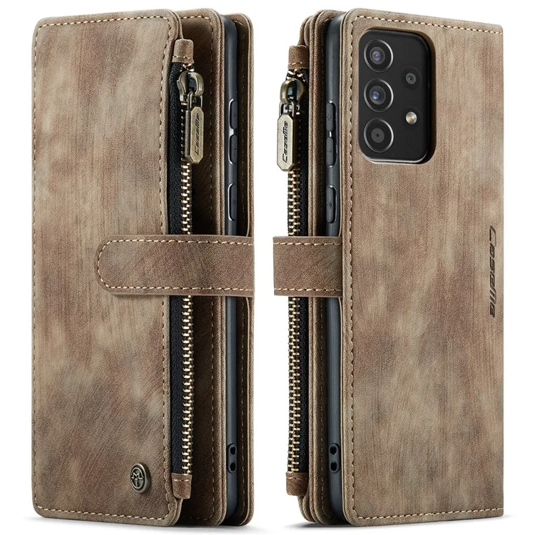 CASEME C30 Series All-round Shockproof PU Leather Wallet Case Cover with 10 Card Slots and Zipper Pocket for Samsung Galaxy A52s 5G/A52 4G/5G - Brown