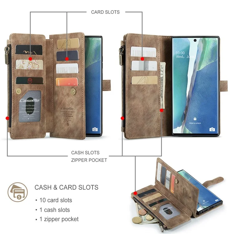 For Samsung Galaxy Note20 Ultra / Note20 Ultra 5G Phone Cases with Strap CASEME C30 Zipper Multiple Card Holder PU Leather Cover - Brown