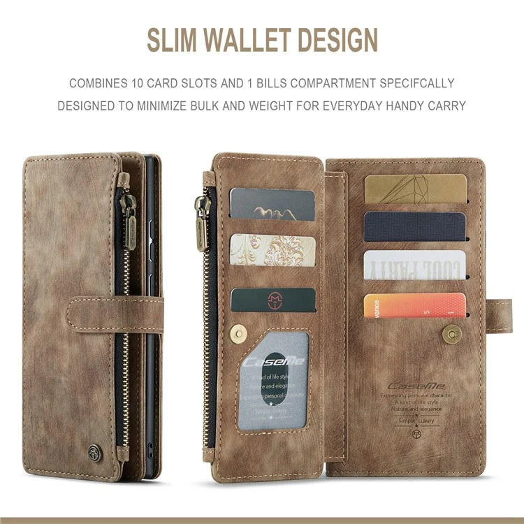 For Samsung Galaxy Note20 Ultra / Note20 Ultra 5G Phone Cases with Strap CASEME C30 Zipper Multiple Card Holder PU Leather Cover - Brown