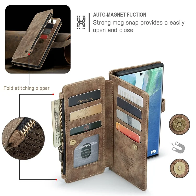 For Samsung Galaxy Note20 Ultra / Note20 Ultra 5G Phone Cases with Strap CASEME C30 Zipper Multiple Card Holder PU Leather Cover - Brown