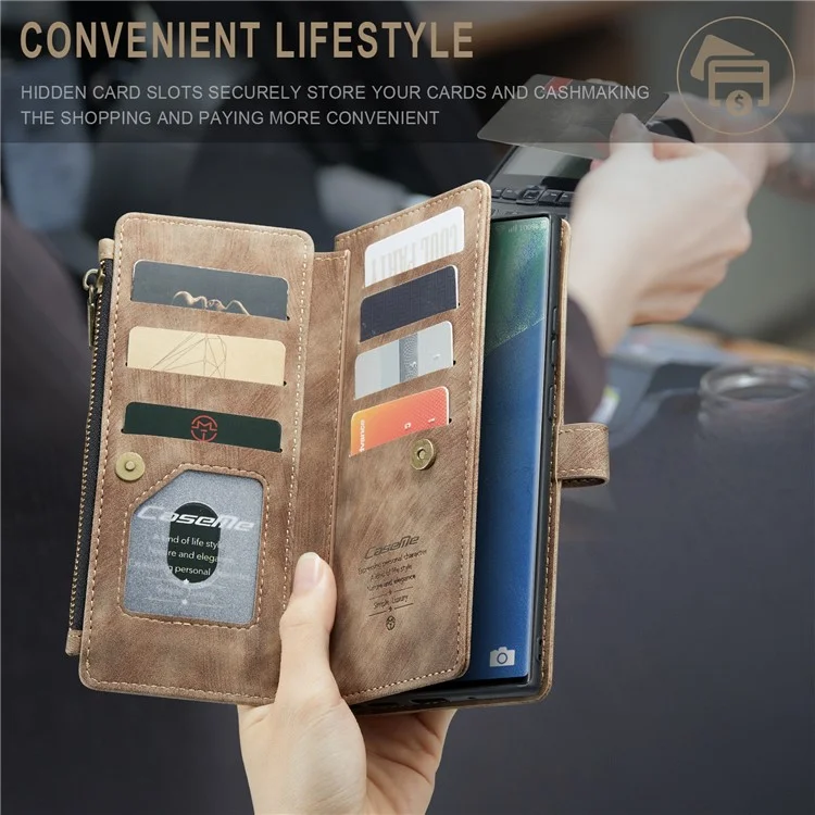 For Samsung Galaxy Note20 Ultra / Note20 Ultra 5G Phone Cases with Strap CASEME C30 Zipper Multiple Card Holder PU Leather Cover - Brown