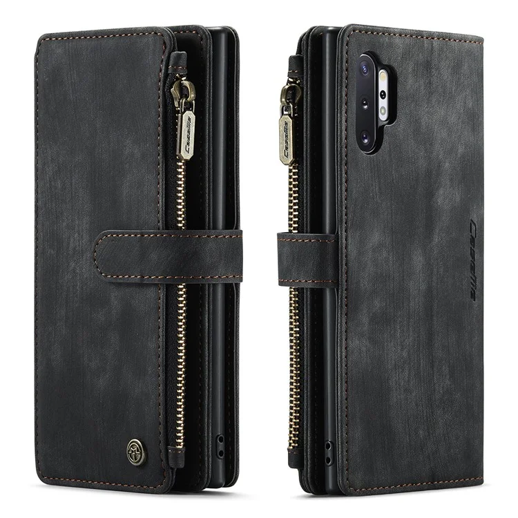 For Samsung Galaxy Note 10 Plus / Note 10 Plus 5G Phone Cases with Strap CASEME C30 Zipper Multiple Card Holder PU Leather Cover - Black