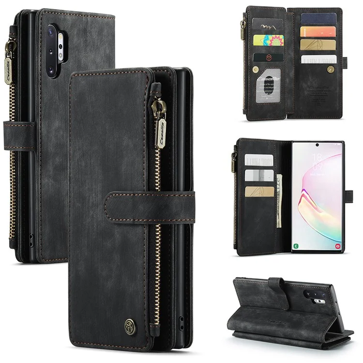 CASEME C30 Servidade Não de Range PU PU Catura de Catura de Catura Para Stand Stand Caterlet Com Multificação de Cartão e Polamento de Zipper Para Samsung Galaxy Note 10 Plus/Note 10 Plus 5G - Preto