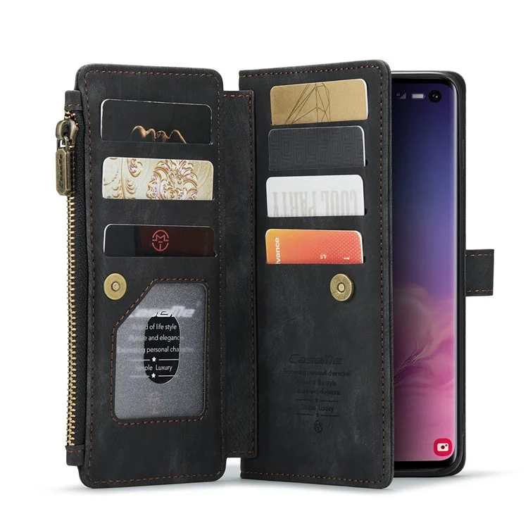 CASEME C30 Series Carteira de Telefone de Couro com Grandes Capacidade de 10 Slots de Cartão e Bolso com Zíper para Samsung Galaxy S10 4G - Preto