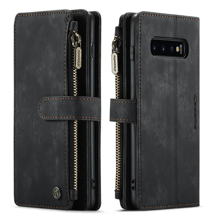 CASEME C30 Series Carteira de Telefone de Couro com Grandes Capacidade de 10 Slots de Cartão e Bolso com Zíper para Samsung Galaxy S10 4G - Preto