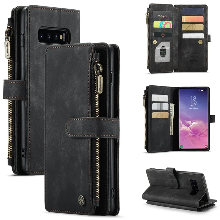 CASEME C30 Series Carteira de Telefone de Couro com Grandes Capacidade de 10 Slots de Cartão e Bolso com Zíper para Samsung Galaxy S10 4G - Preto