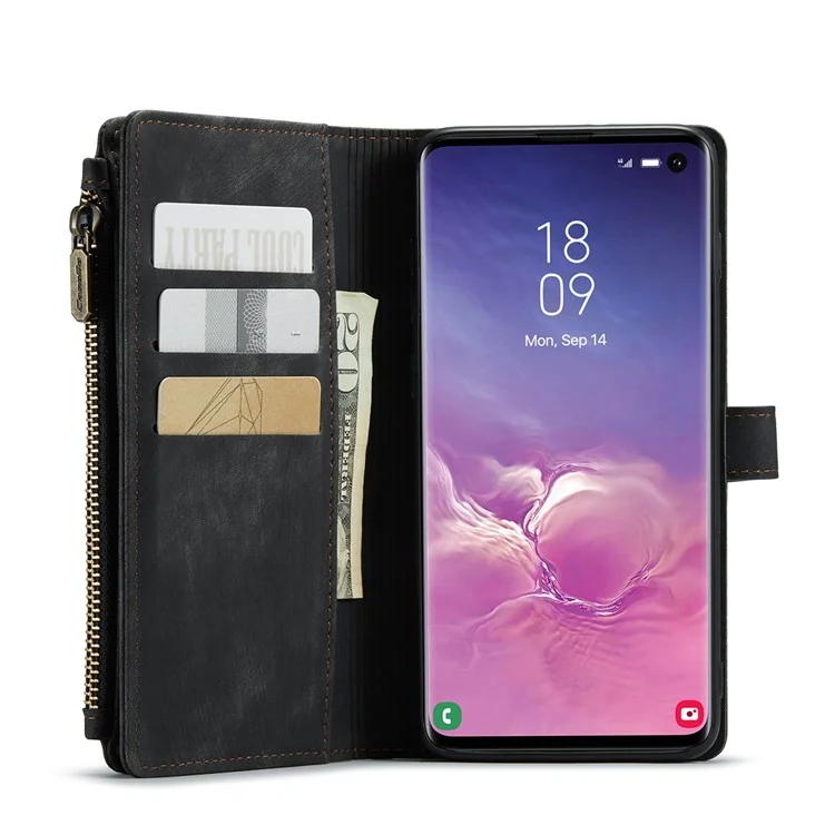 CASEME C30 Series Carteira de Telefone de Couro com Grandes Capacidade de 10 Slots de Cartão e Bolso com Zíper para Samsung Galaxy S10 4G - Preto