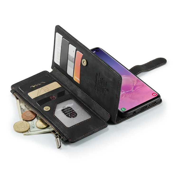 CASEME C30 Series Carteira de Telefone de Couro com Grandes Capacidade de 10 Slots de Cartão e Bolso com Zíper para Samsung Galaxy S10 4G - Preto
