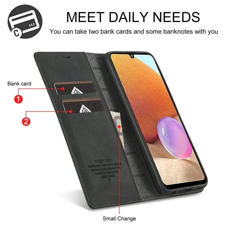 Lc. Imeeke Leather Ben Protetto Design Del Portafoglio Anti-caduta Strong Shell Case di Guscio Magnetico Con Supporto Per Samsung Galaxy A32 5G / M32 5G - Nero