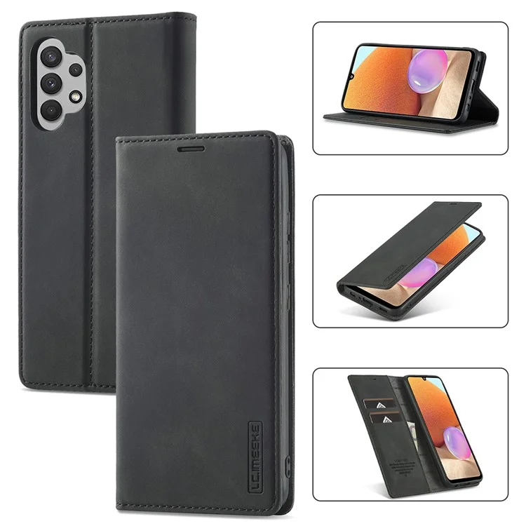 LC.IMEEKE Leather Well-Protected Anti-Fall Wallet Design Strong Magnetic Phone Shell Case with Stand for Samsung Galaxy A32 5G / M32 5G - Black