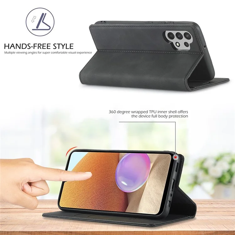 Lc. Portafoglio Resistente Anti-duretto in Pelle Imeeke Strit Casa di Shock Protectiva Persolica Per Samsung Galaxy A32 4G (versione Ue) - Nero