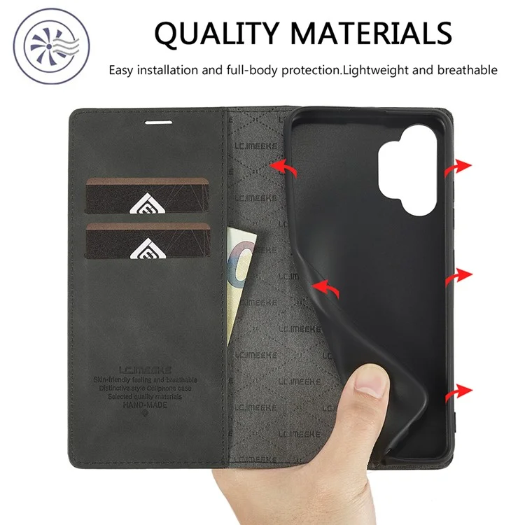 Lc. Portafoglio Resistente Anti-duretto in Pelle Imeeke Strit Casa di Shock Protectiva Persolica Per Samsung Galaxy A32 4G (versione Ue) - Nero