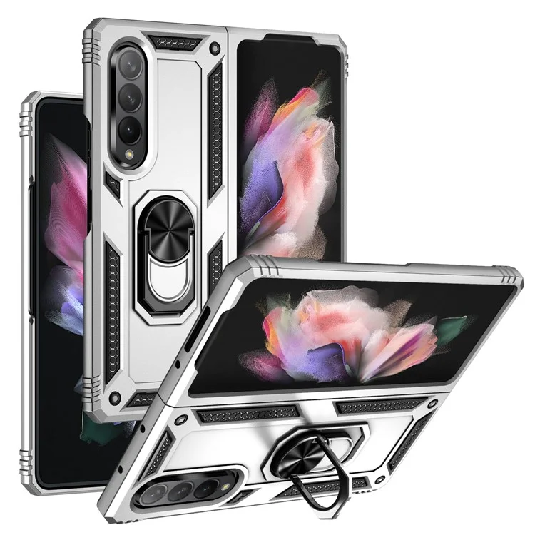 Ring Holder Kickstand Design Anti-fall PC + TPU + Metal Hybrid Phone Cover Shell for Samsung Galaxy Z Fold3 5G - Silver