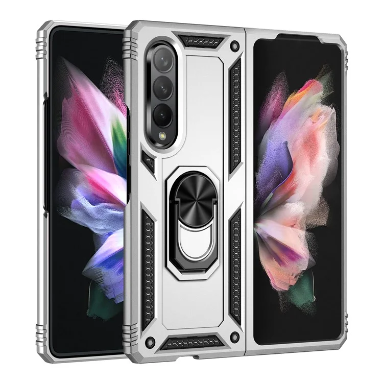 Ring Holder Kickstand Design Anti-fall PC + TPU + Metal Hybrid Phone Cover Shell for Samsung Galaxy Z Fold3 5G - Silver
