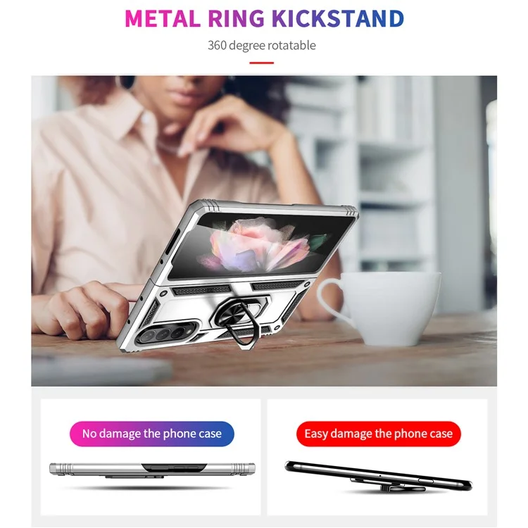 Ring Holder Kickstand Design Anti-fall PC + TPU + Metal Hybrid Phone Cover Shell for Samsung Galaxy Z Fold3 5G - Silver