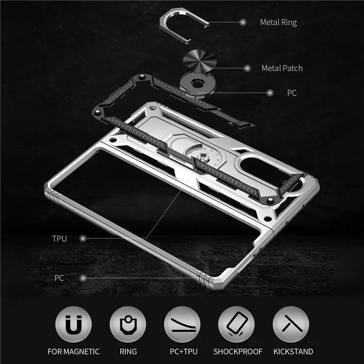 Ring Holder Kickstand Design Anti-fall PC + TPU + Metal Hybrid Phone Cover Shell for Samsung Galaxy Z Fold3 5G - Silver