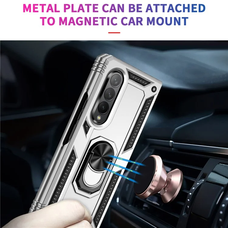 Ring Holder Kickstand Design Anti-fall PC + TPU + Metal Hybrid Phone Cover Shell for Samsung Galaxy Z Fold3 5G - Silver