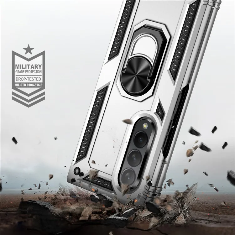 Ring Holder Kickstand Design Anti-fall PC + TPU + Metal Hybrid Phone Cover Shell for Samsung Galaxy Z Fold3 5G - Silver