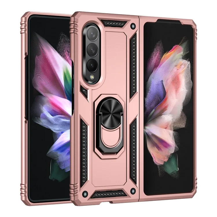 Ring Holder Kickstand Design Anti-fall PC + TPU + Metal Hybrid Phone Cover Shell for Samsung Galaxy Z Fold3 5G - Rose Gold