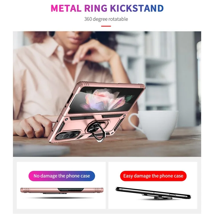 Ring Holder Kickstand Design Anti-fall PC + TPU + Metal Hybrid Phone Cover Shell for Samsung Galaxy Z Fold3 5G - Rose Gold