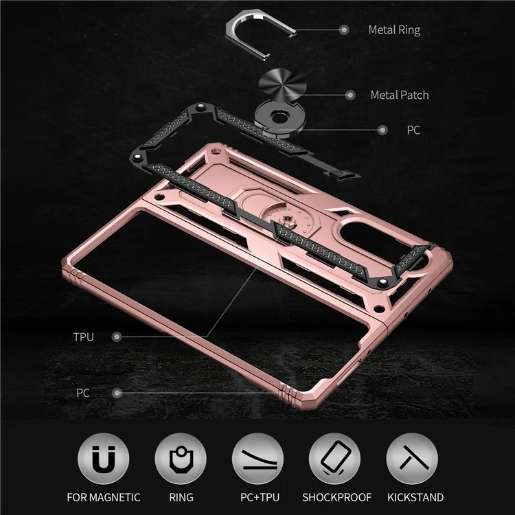Ring Holder Kickstand Design Anti-fall PC + TPU + Metal Hybrid Phone Cover Shell for Samsung Galaxy Z Fold3 5G - Rose Gold