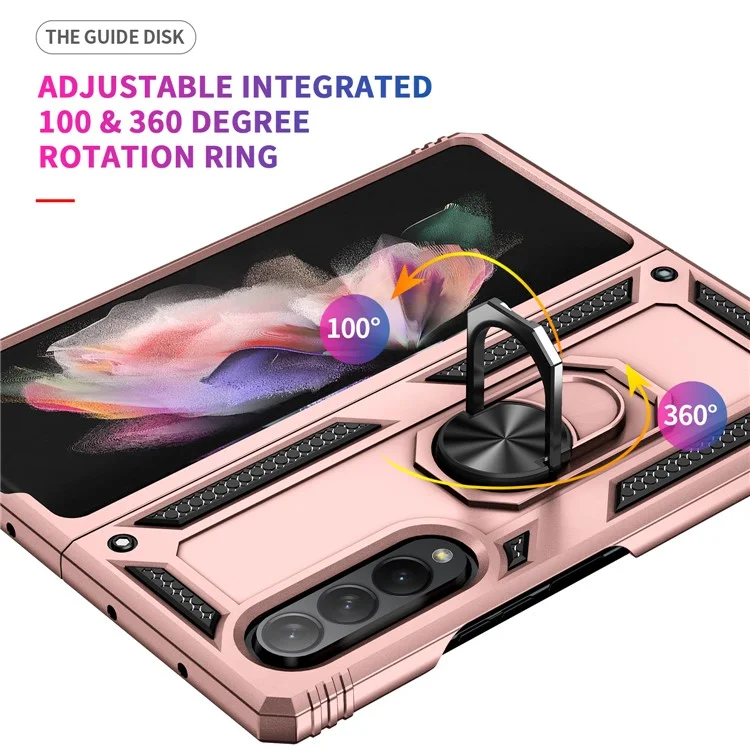 Ring Holder Kickstand Design Anti-fall PC + TPU + Metal Hybrid Phone Cover Shell for Samsung Galaxy Z Fold3 5G - Rose Gold