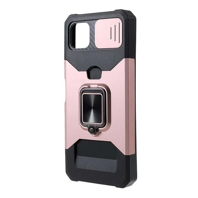 Camera Slider Ring Kickstand Design Hybrid Phone Case Shell with Card Holder for Samsung Galaxy A22 5G (EU Version) - Rose Gold