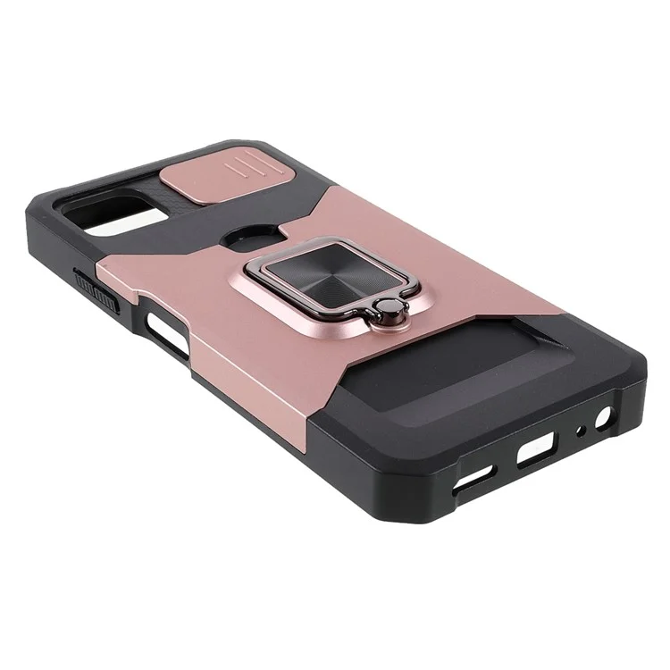 Camera Slider Ring Kickstand Design Hybrid Phone Case Shell with Card Holder for Samsung Galaxy A22 5G (EU Version) - Rose Gold