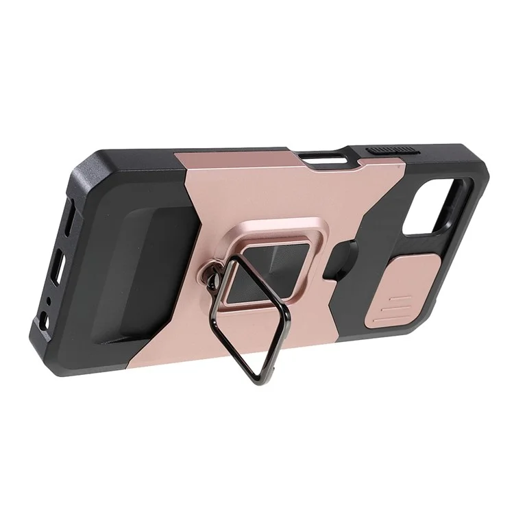 Camera Slider Ring Kickstand Design Hybrid Phone Case Shell with Card Holder for Samsung Galaxy A22 5G (EU Version) - Rose Gold