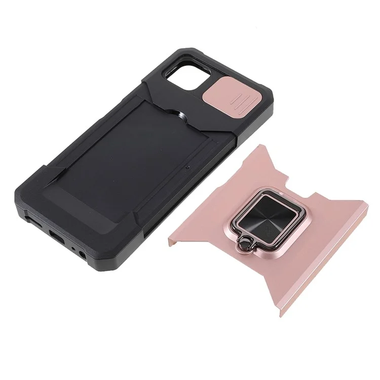 Camera Slider Ring Kickstand Design Hybrid Phone Case Shell with Card Holder for Samsung Galaxy A22 5G (EU Version) - Rose Gold