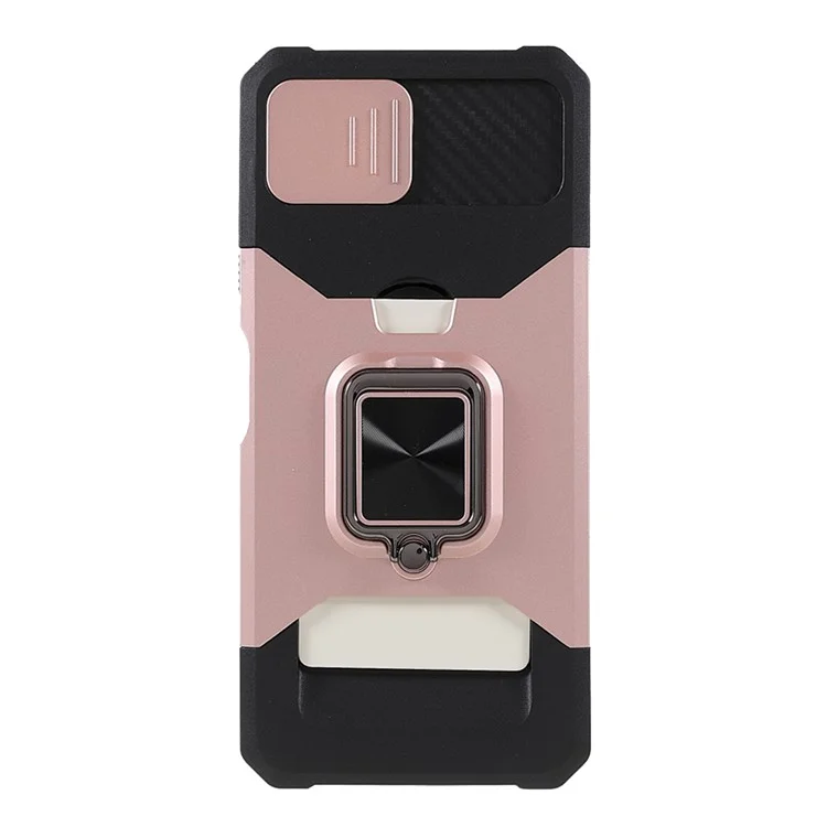 Camera Slider Ring Kickstand Design Hybrid Phone Case Shell with Card Holder for Samsung Galaxy A22 5G (EU Version) - Rose Gold